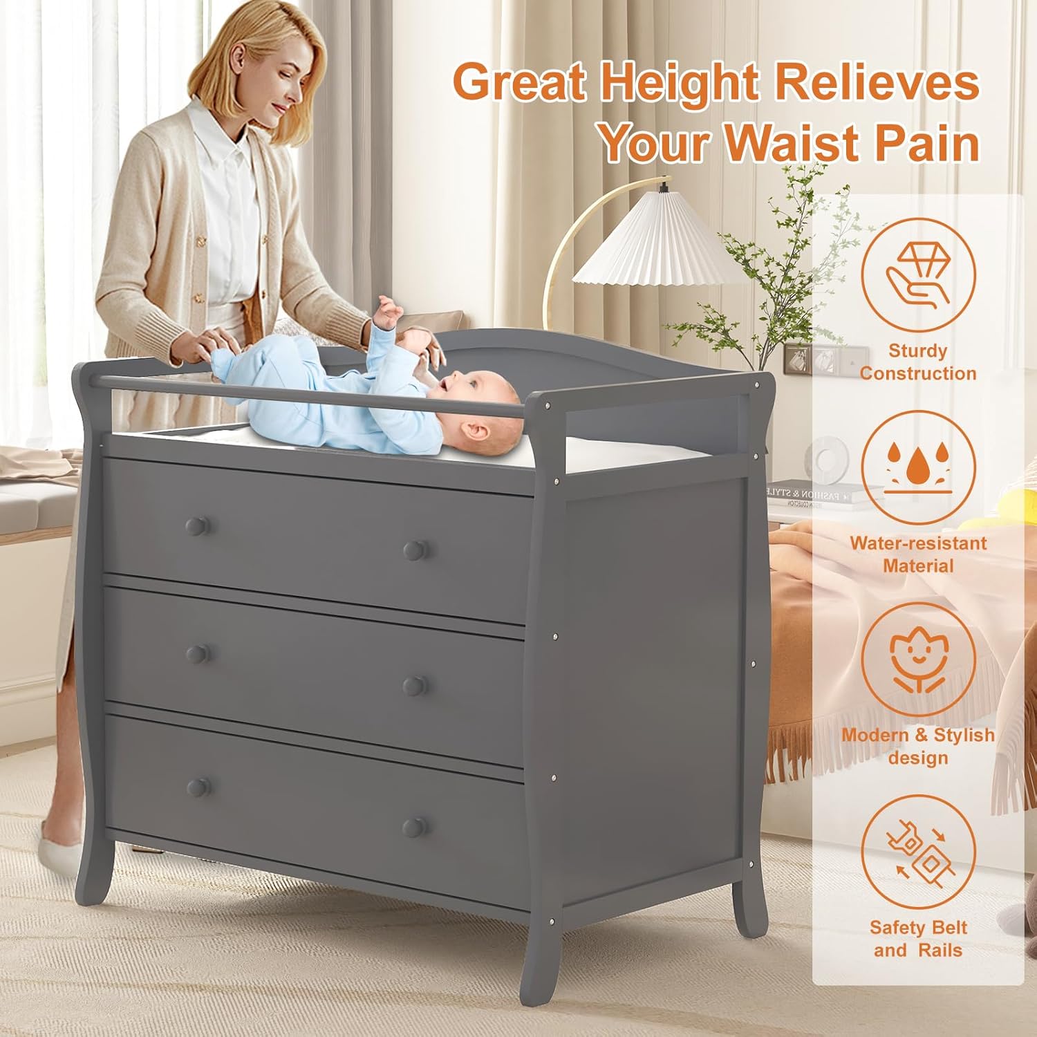 Baby Nursery Table - 3-laden babycommode houten luiercommode met veiligheidsgordel