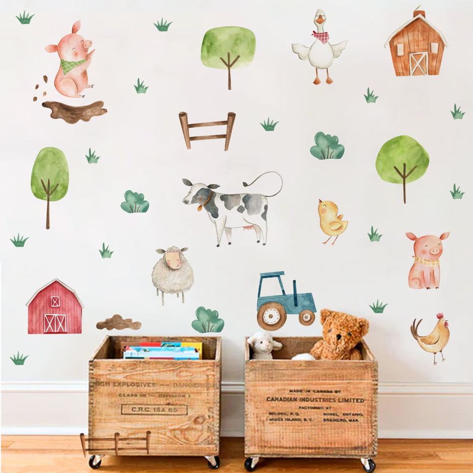 Baby Nursery Wall Stickers - Boho Aquarel Schattige Boerderijdieren Varkensvee Muurstickers