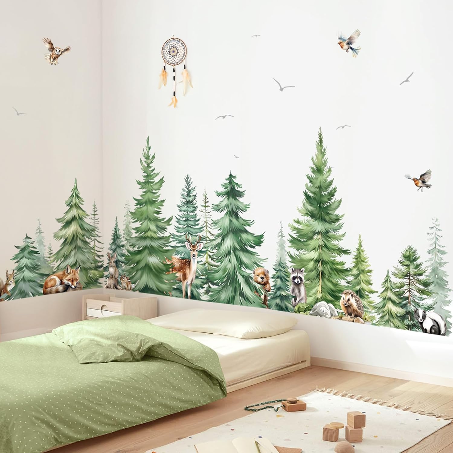 Baby Nursery Panelling - Grote aquarel pijnboom dieren muurstickers kinderkamer