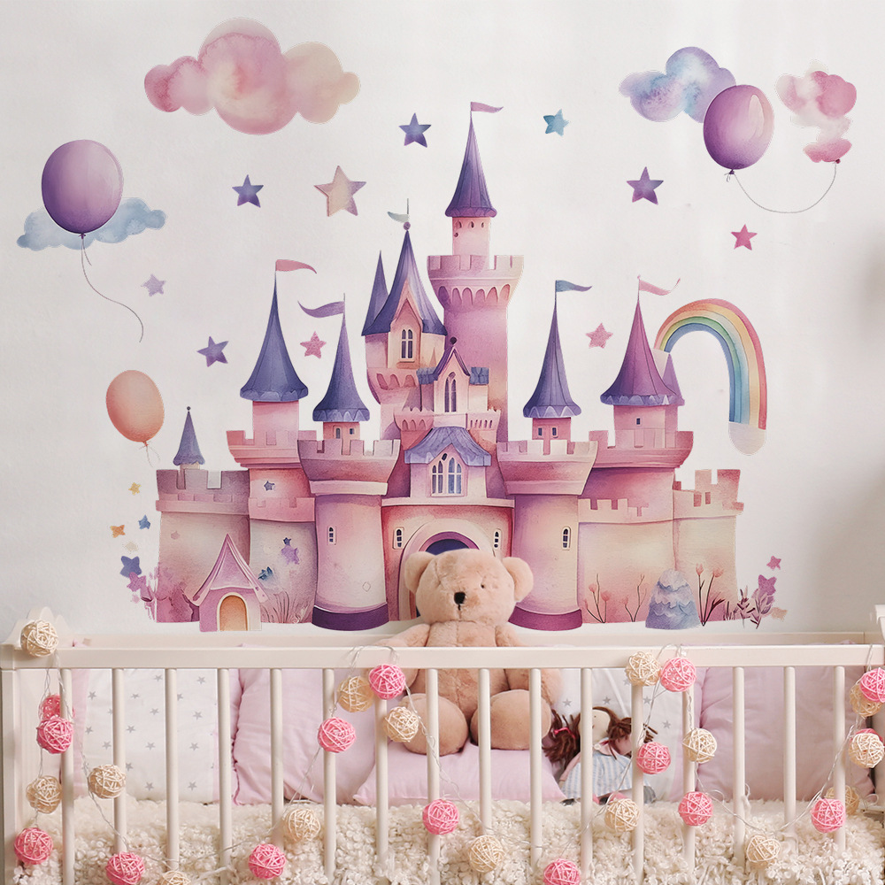 Baby Nursery Vinyl - Roze kasteel muurstickers wolken sterren regenboog