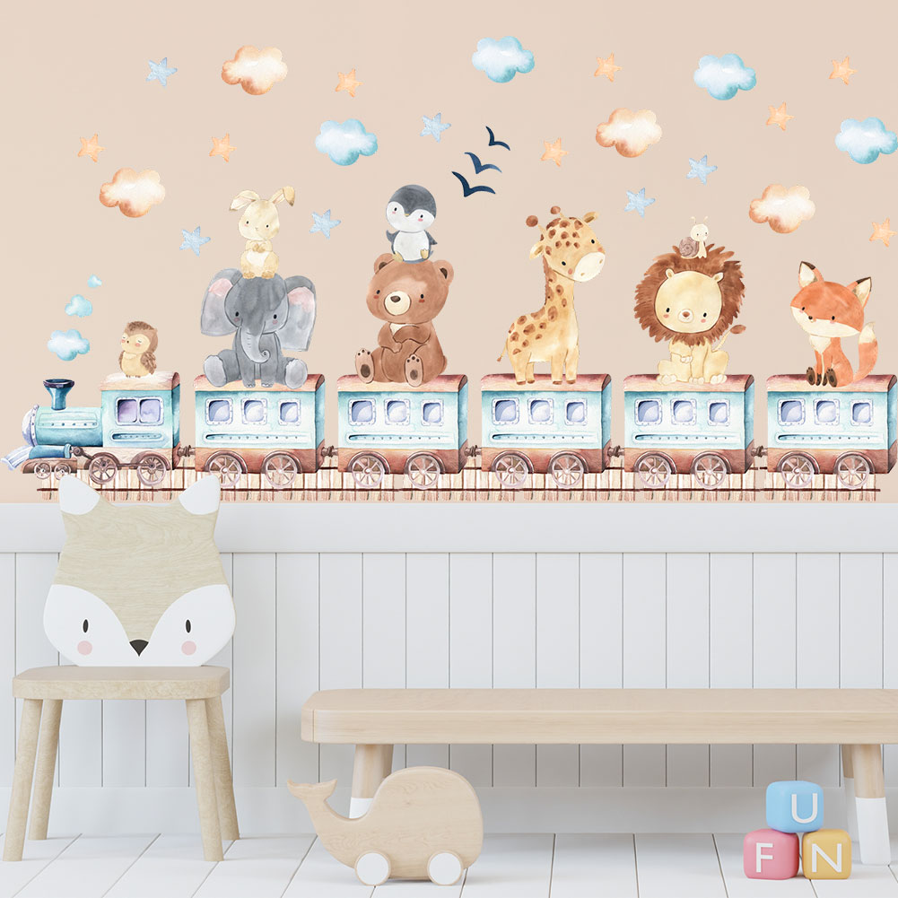 Baby Nursery Wallpaper - Cartoon Treinstickers Leeuw Olifant Behang Muurschildering