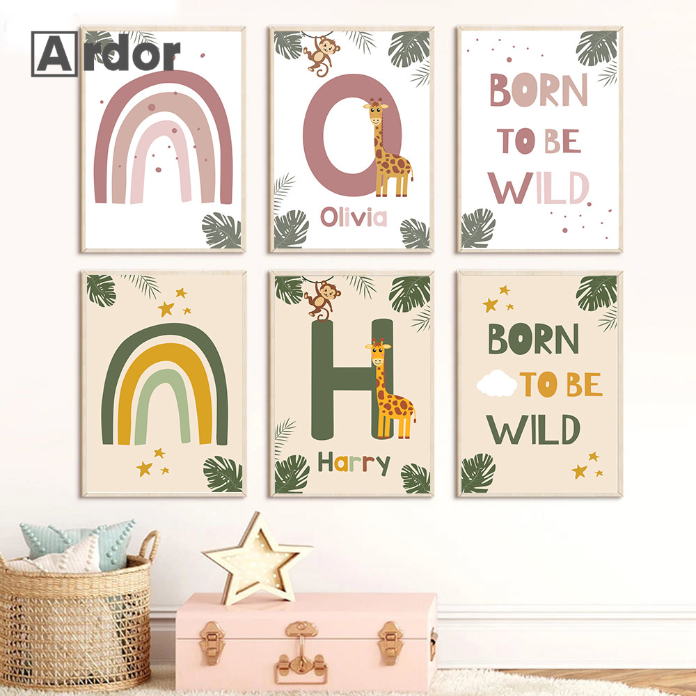 Baby Nursery Jungle Animals - Nordic Jungle Animal Posters Aangepaste Naam