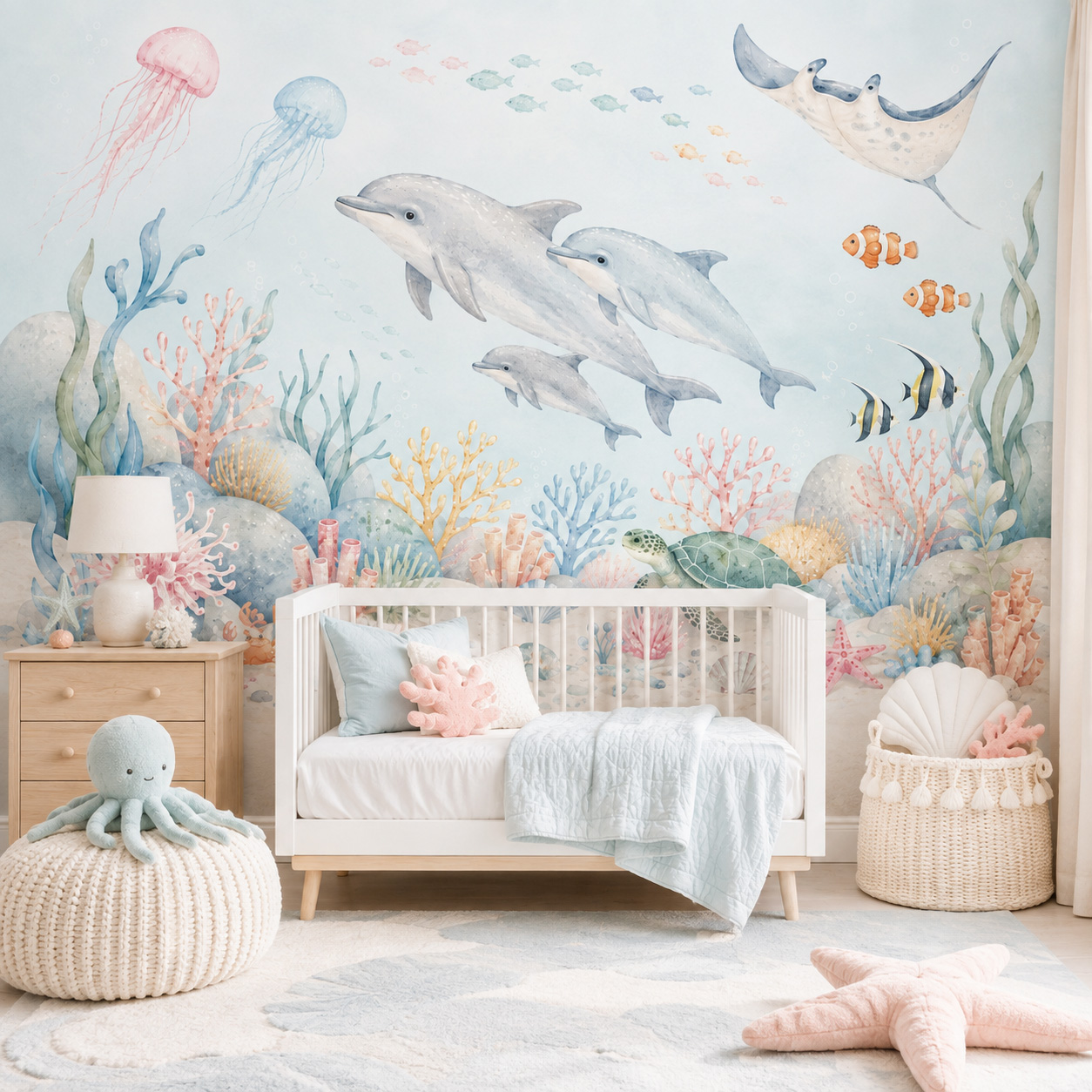 Baby Nursery Peel And Stick Wallpaper - Onderwater Zeedieren Zelfklevend Behang Dolfijn Koraalrif