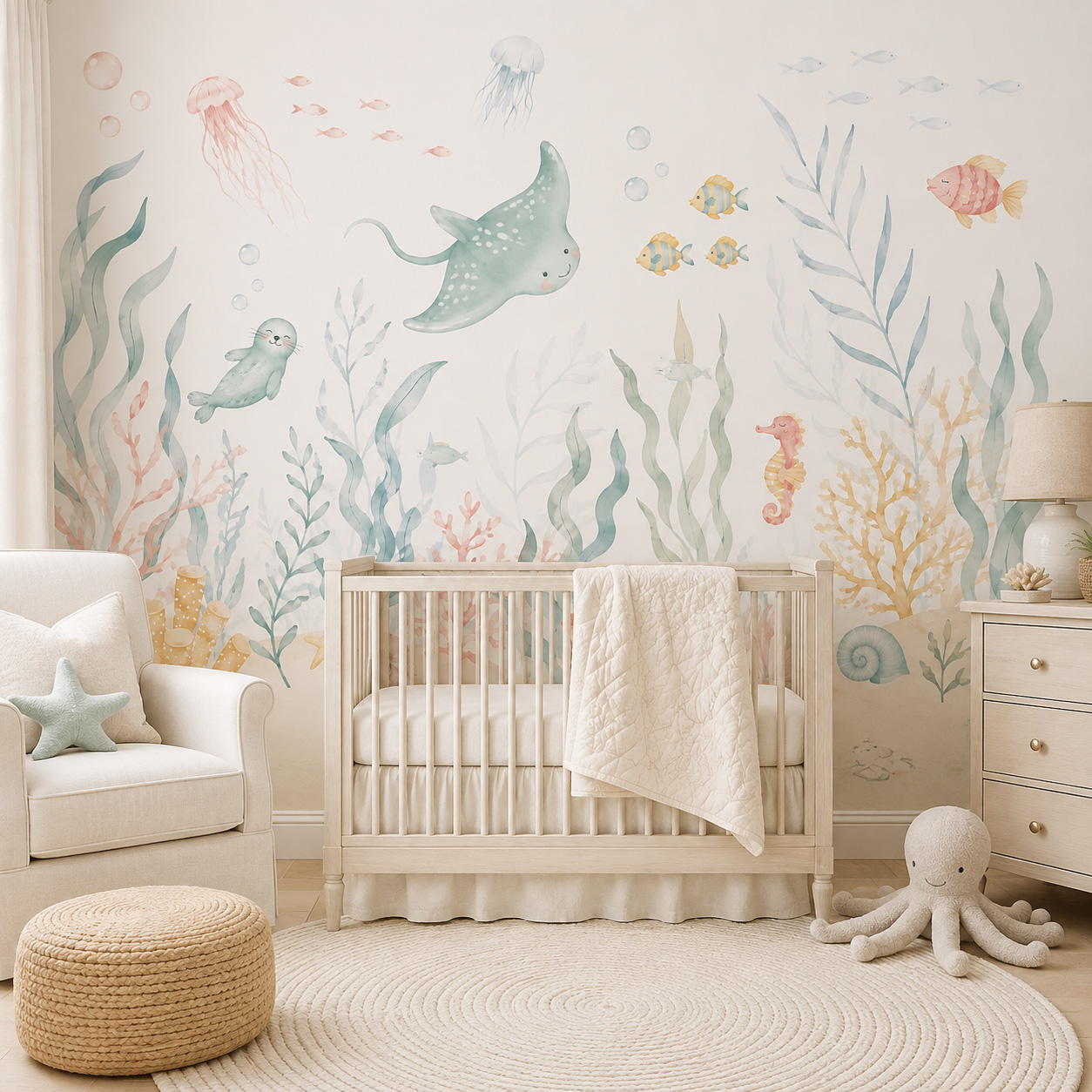 Baby Nursery Peel And Stick Wallpaper - Zeedieren Zelfklevend Behang Pastelkleurige Zeeleven Wandmuurschildering
