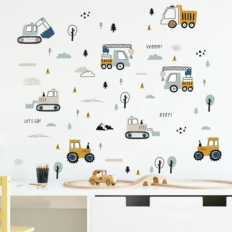 Baby Nursery Wallpaper - Handgetekende schattige auto's vrachtwagen muurstickers kinderkamer