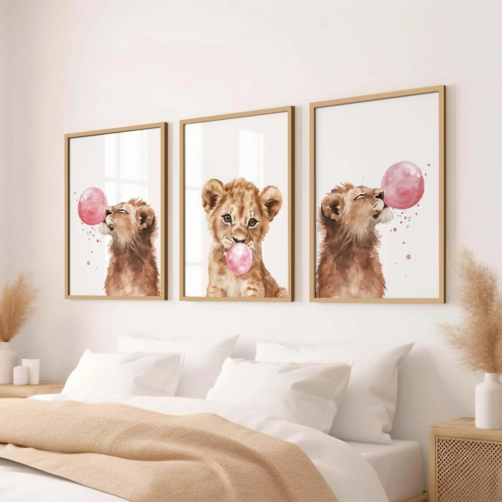 Baby Nursery Jungle Theme - Leeuwenwelpen wanddecoratie set, baby dierenprints, bubblegum