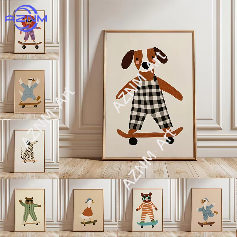 Baby Nursery Items - 1PC Grappige Dieren Skateboarden Poster Trendy