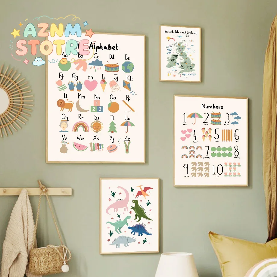Baby Nursery Items - Dierenwereldkaart Dinosaurus Alfabet Nummer Canvas Wandkunst